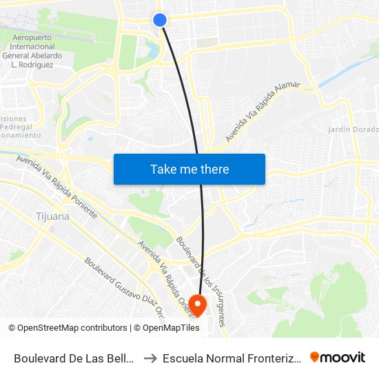 Boulevard De Las Bellas Artes to Escuela Normal Fronteriza Tijuana map