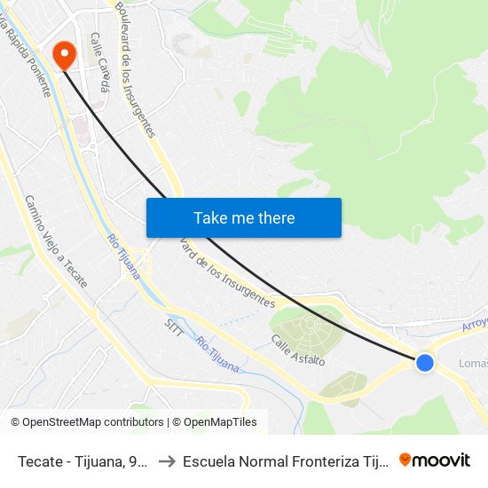 Tecate - Tijuana, 9802 to Escuela Normal Fronteriza Tijuana map