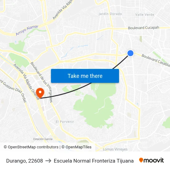 Durango, 22608 to Escuela Normal Fronteriza Tijuana map