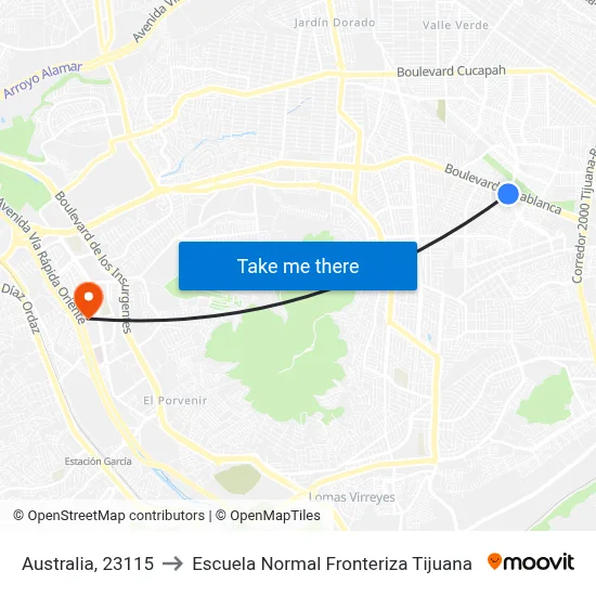 Australia, 23115 to Escuela Normal Fronteriza Tijuana map