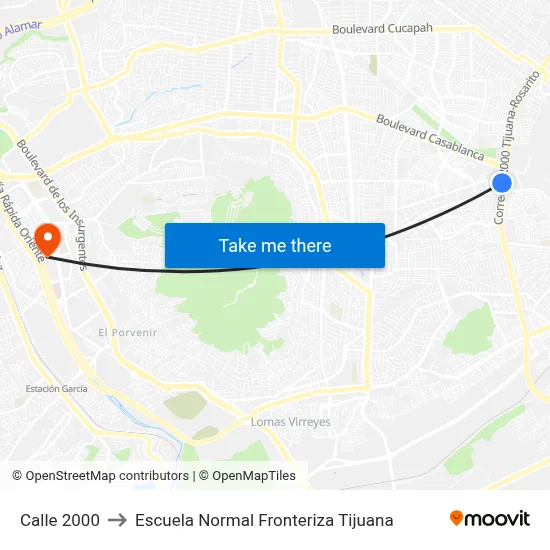 Calle 2000 to Escuela Normal Fronteriza Tijuana map