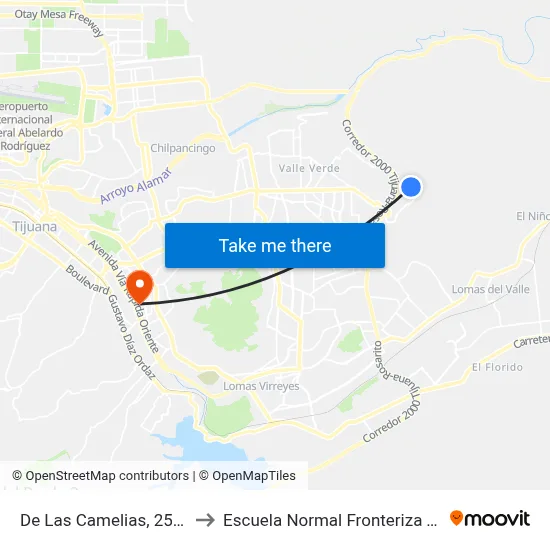 De Las Camelias, 25375_1 to Escuela Normal Fronteriza Tijuana map