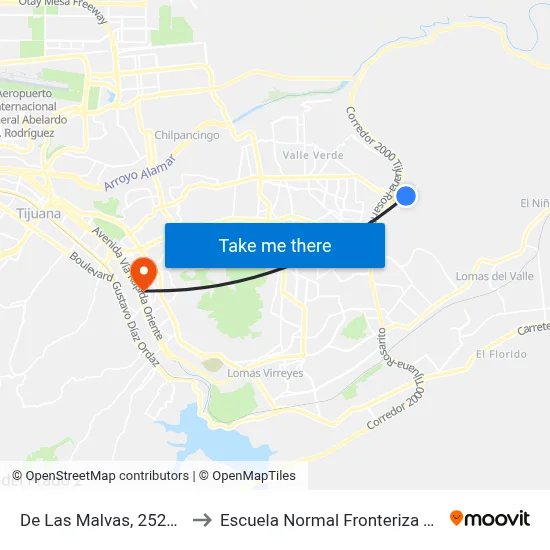 De Las Malvas, 25226_44 to Escuela Normal Fronteriza Tijuana map