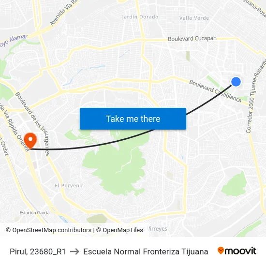 Pirul, 23680_R1 to Escuela Normal Fronteriza Tijuana map