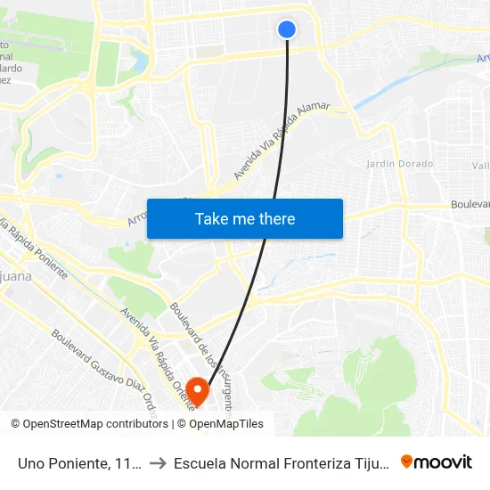 Uno Poniente, 115a to Escuela Normal Fronteriza Tijuana map