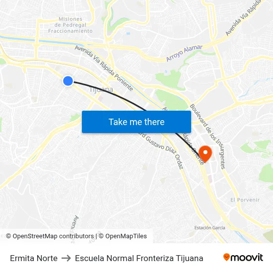 Ermita Norte to Escuela Normal Fronteriza Tijuana map