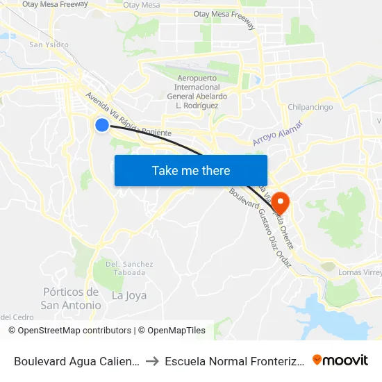 Boulevard Agua Caliente, 1552 to Escuela Normal Fronteriza Tijuana map
