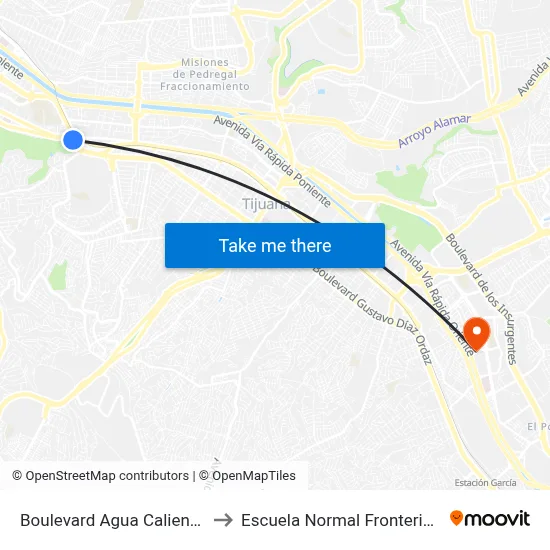 Boulevard Agua Caliente, 12108 to Escuela Normal Fronteriza Tijuana map