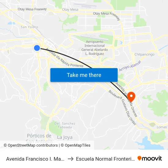 Avenida Francisco I. Madero, 1050 to Escuela Normal Fronteriza Tijuana map