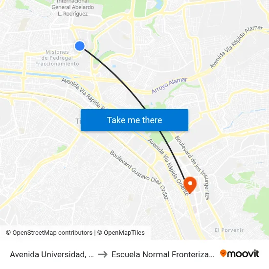Avenida Universidad, 12965 to Escuela Normal Fronteriza Tijuana map