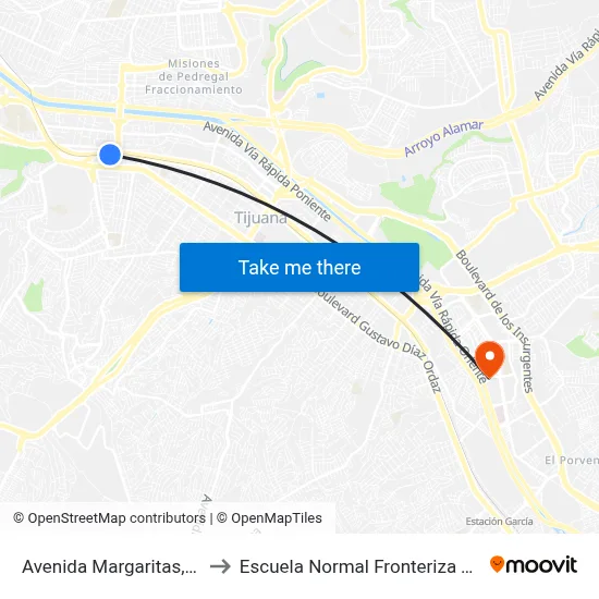Avenida Margaritas, 3960 to Escuela Normal Fronteriza Tijuana map