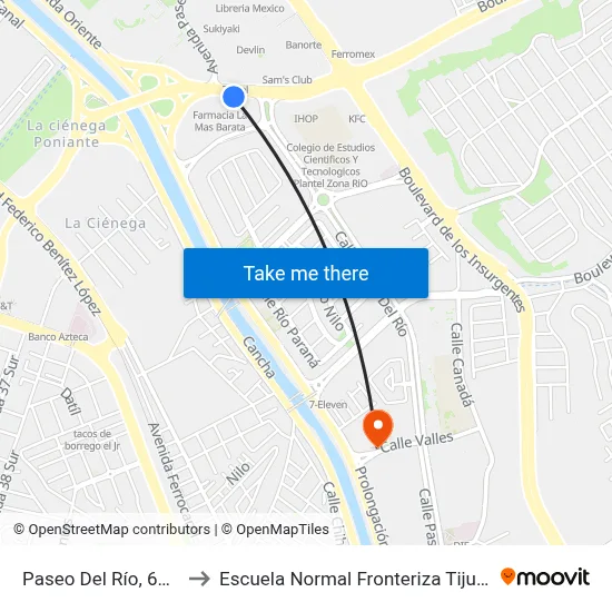 Paseo Del Río, 6616 to Escuela Normal Fronteriza Tijuana map