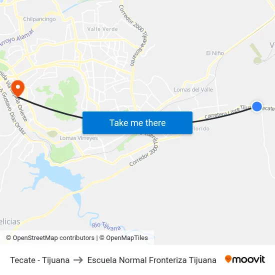 Tecate - Tijuana to Escuela Normal Fronteriza Tijuana map