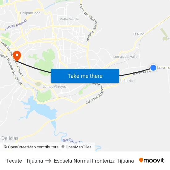 Tecate - Tijuana to Escuela Normal Fronteriza Tijuana map