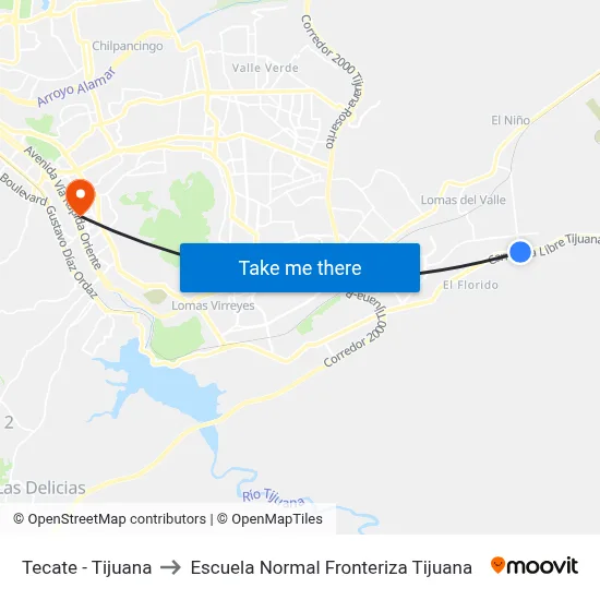 Tecate - Tijuana to Escuela Normal Fronteriza Tijuana map