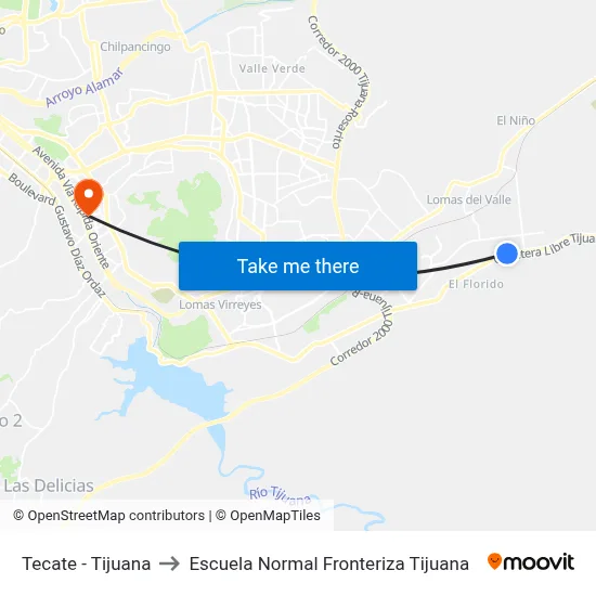 Tecate - Tijuana to Escuela Normal Fronteriza Tijuana map