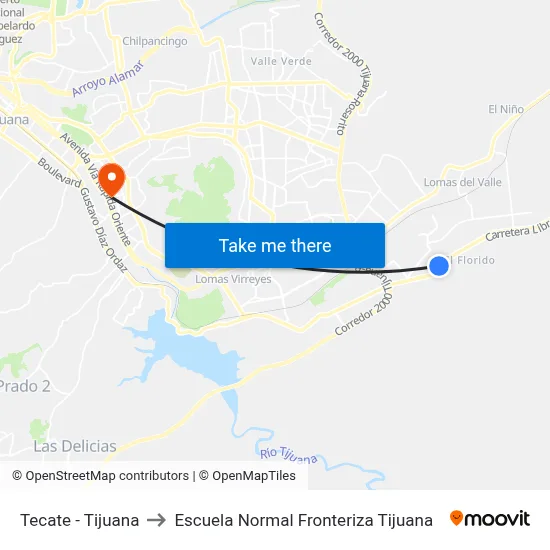 Tecate - Tijuana to Escuela Normal Fronteriza Tijuana map