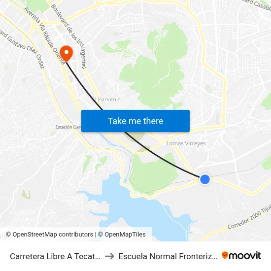 Carretera Libre A Tecate, 21971 to Escuela Normal Fronteriza Tijuana map