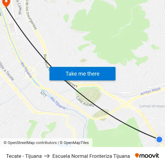 Tecate - Tijuana to Escuela Normal Fronteriza Tijuana map