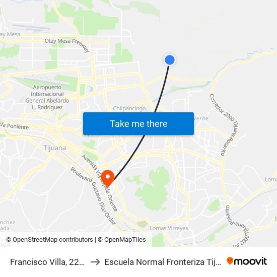 Francisco Villa, 22009 to Escuela Normal Fronteriza Tijuana map