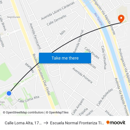 Calle Loma Alta, 17108 to Escuela Normal Fronteriza Tijuana map