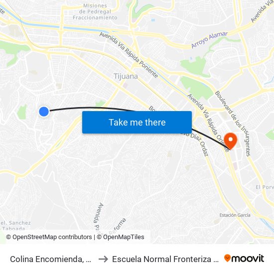 Colina Encomienda, 10002 to Escuela Normal Fronteriza Tijuana map