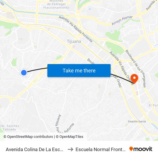 Avenida Colina De La Escondida, 12005 to Escuela Normal Fronteriza Tijuana map