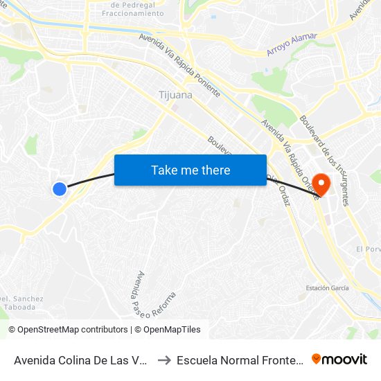 Avenida Colina De Las Vegas, 12235 to Escuela Normal Fronteriza Tijuana map