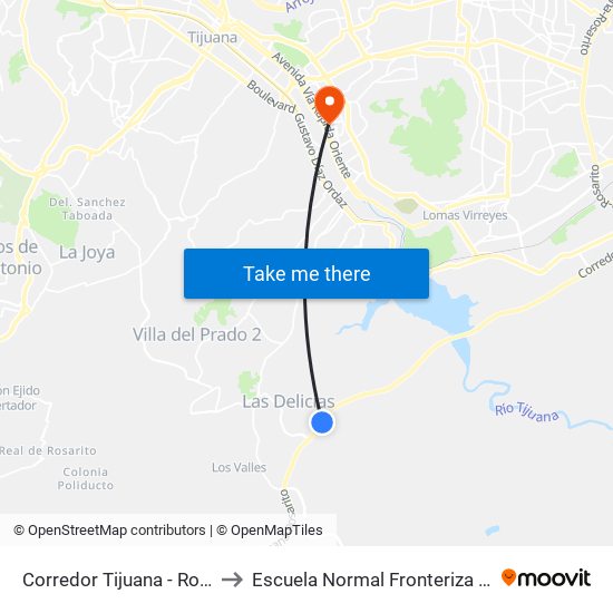 Corredor Tijuana - Rosarito to Escuela Normal Fronteriza Tijuana map