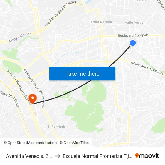 Avenida Venecia, 2607 to Escuela Normal Fronteriza Tijuana map