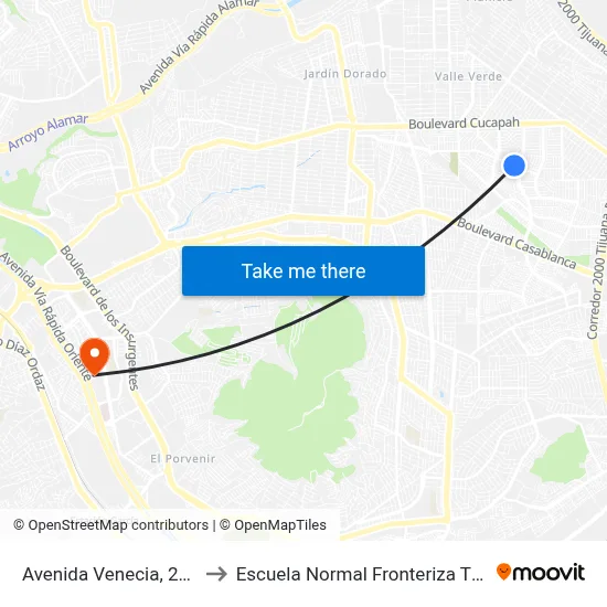 Avenida Venecia, 22273 to Escuela Normal Fronteriza Tijuana map