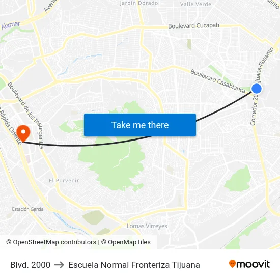 Blvd. 2000 to Escuela Normal Fronteriza Tijuana map