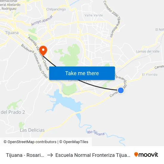 Tijuana - Rosarito to Escuela Normal Fronteriza Tijuana map