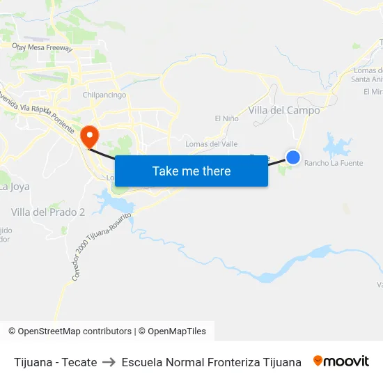 Tijuana - Tecate to Escuela Normal Fronteriza Tijuana map