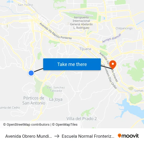 Avenida Obrero Mundial, 7516 to Escuela Normal Fronteriza Tijuana map