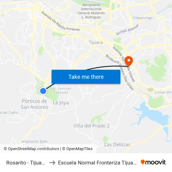 Rosarito - Tijuana to Escuela Normal Fronteriza Tijuana map