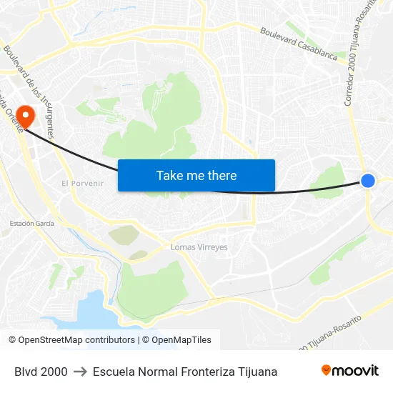 Blvd 2000 to Escuela Normal Fronteriza Tijuana map