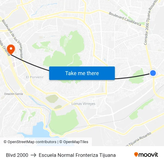 Blvd 2000 to Escuela Normal Fronteriza Tijuana map
