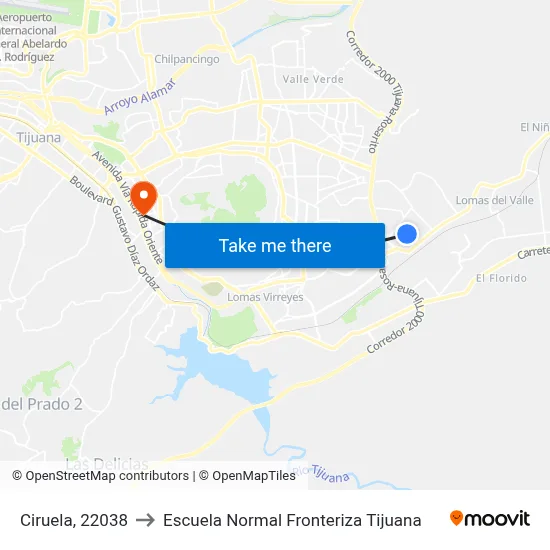 Ciruela, 22038 to Escuela Normal Fronteriza Tijuana map