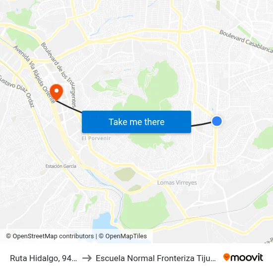 Ruta Hidalgo, 9438 to Escuela Normal Fronteriza Tijuana map