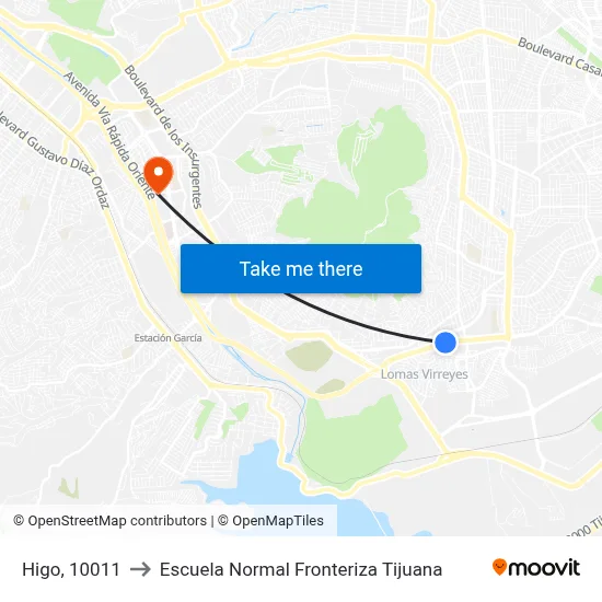 Higo, 10011 to Escuela Normal Fronteriza Tijuana map
