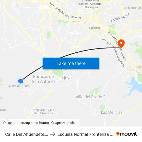 Calle Del Ahuehuete, 4302 to Escuela Normal Fronteriza Tijuana map