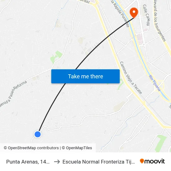 Punta Arenas, 14940 to Escuela Normal Fronteriza Tijuana map