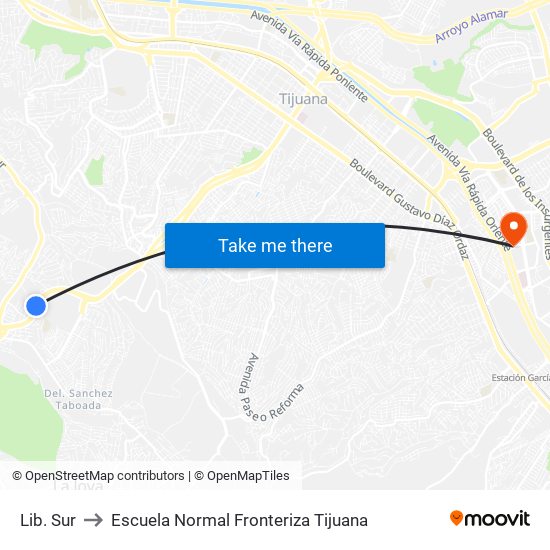 Lib. Sur to Escuela Normal Fronteriza Tijuana map