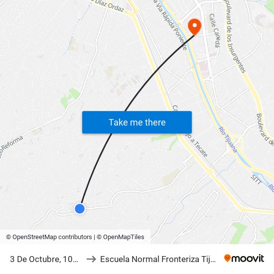 3 De Octubre, 10118 to Escuela Normal Fronteriza Tijuana map