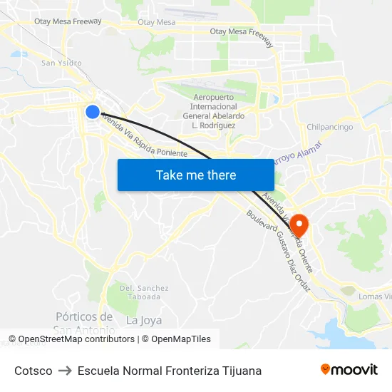 Cotsco to Escuela Normal Fronteriza Tijuana map