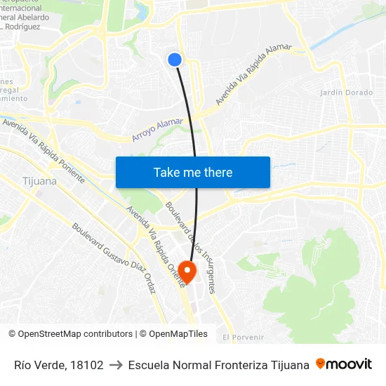 Río Verde, 18102 to Escuela Normal Fronteriza Tijuana map