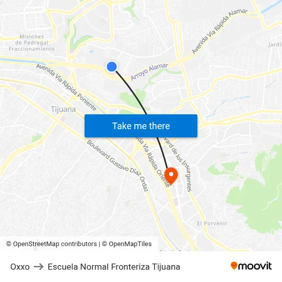 Oxxo to Escuela Normal Fronteriza Tijuana map