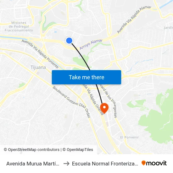 Avenida Murua Martínez, 29 to Escuela Normal Fronteriza Tijuana map