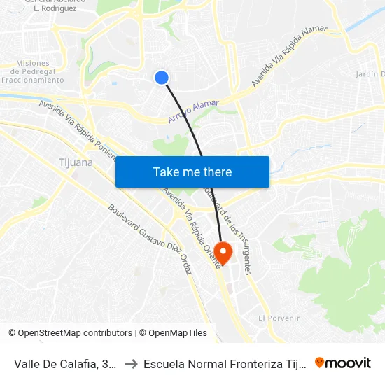 Valle De Calafia, 3380 to Escuela Normal Fronteriza Tijuana map